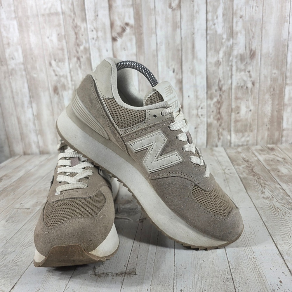 New Balance 574+ Platform Sneakers Tan‎ Beige Suede WL574ZSM Womens 10 - Picture 6 of 8